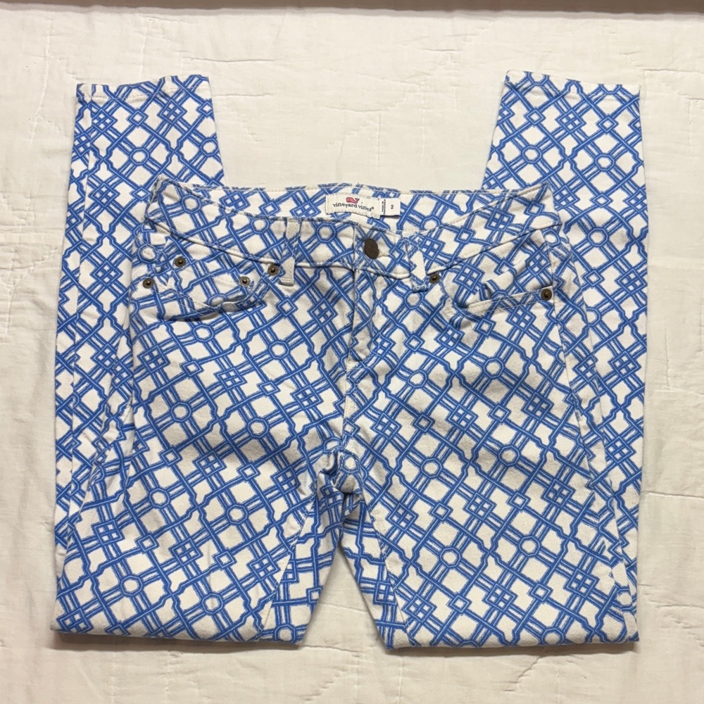 Preppy Vineyard Vines Blue/White Lattice Print Skinny Ankle Jeans Women's Size 2